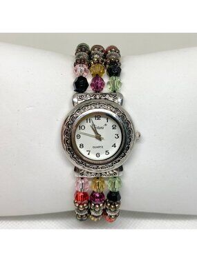 Vivani SilverTone women watch 28mm colorful beaded elastic bracelet running
